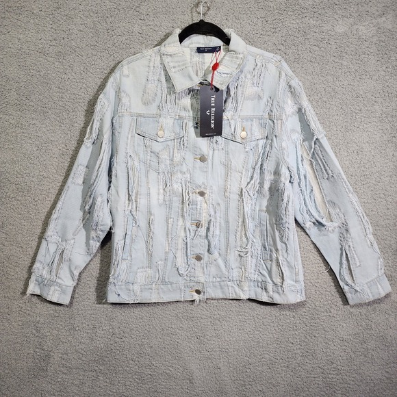 True Religion Denim Jacket Womens Size‎ Large Distressed NWT - Picture 1 of 7